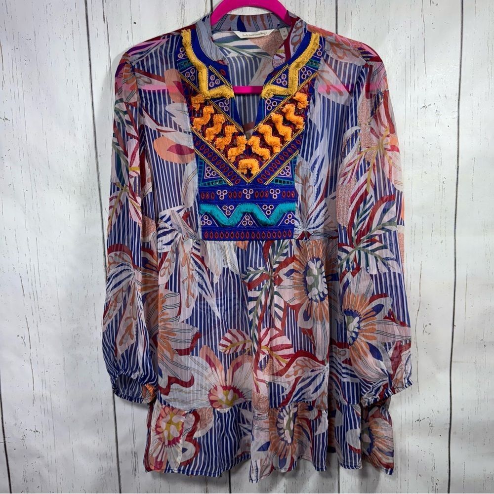 Soft Surroundings Tunic Top Colorful Gypsy Floral Embroidered Sheer Boho Flowy